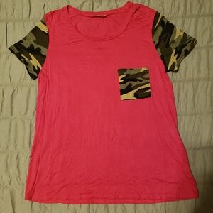 Bombom Womens Pink Camo Sleeve Top T Shirt 14